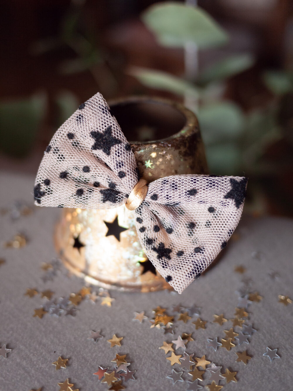 Barrette noeud tulle étoiles velours