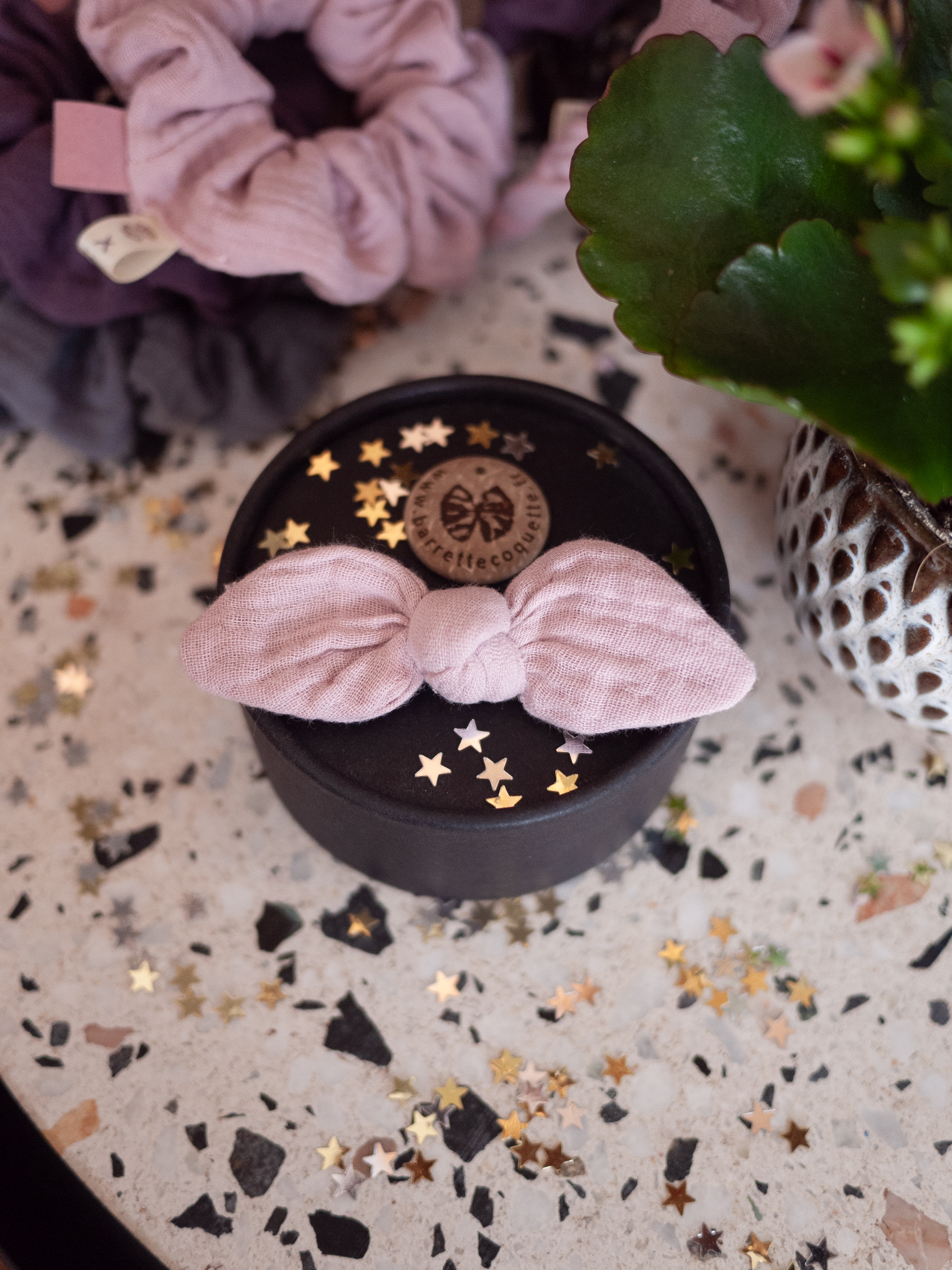 Barrette noeud double gaze de coton vieux rose *Bc x Fabricomi